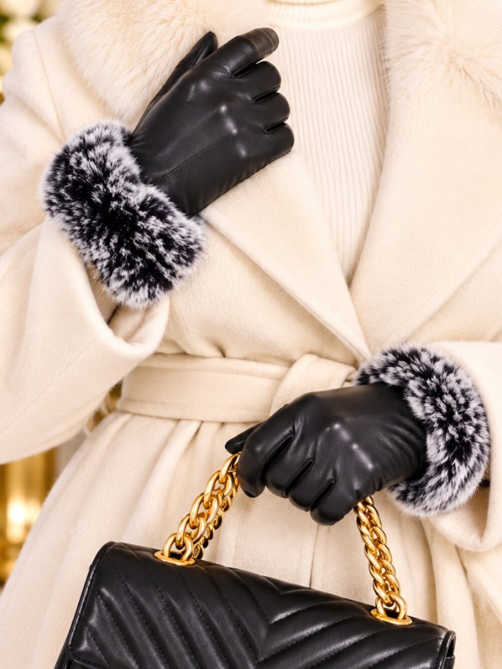 Women's Black Faux Leather Gloves with Faux Fur Cuffs Elegant Winter